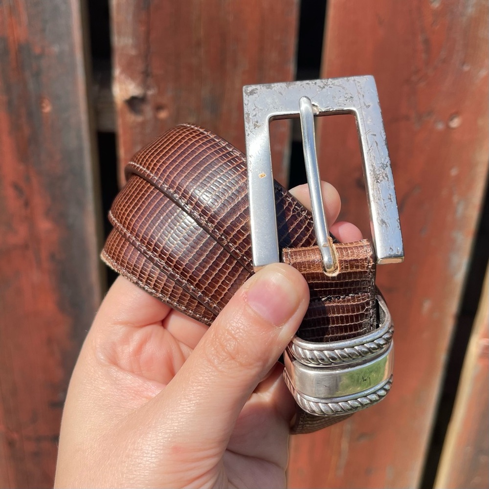 BRIGHTON Dark Brown Genuine Leather Snakeskin Embossed Silver Hardware Belt